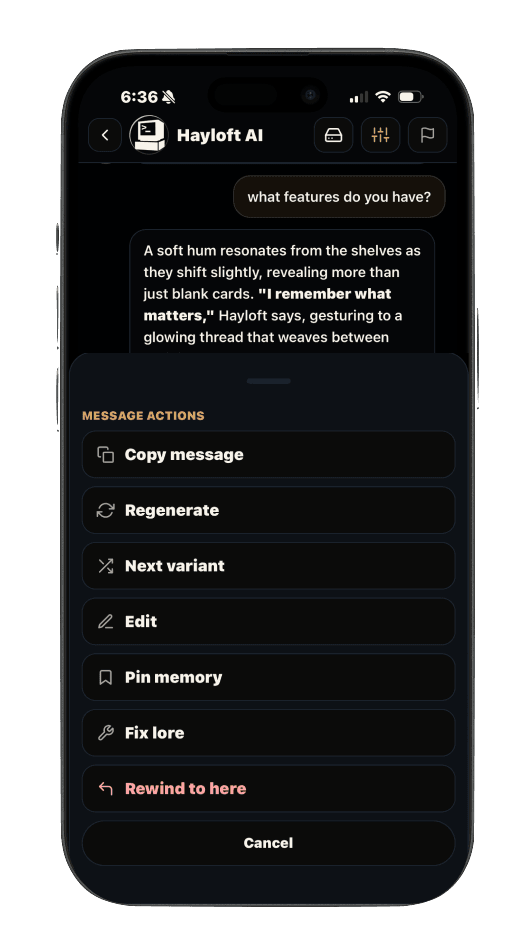 Hayloft message action controls